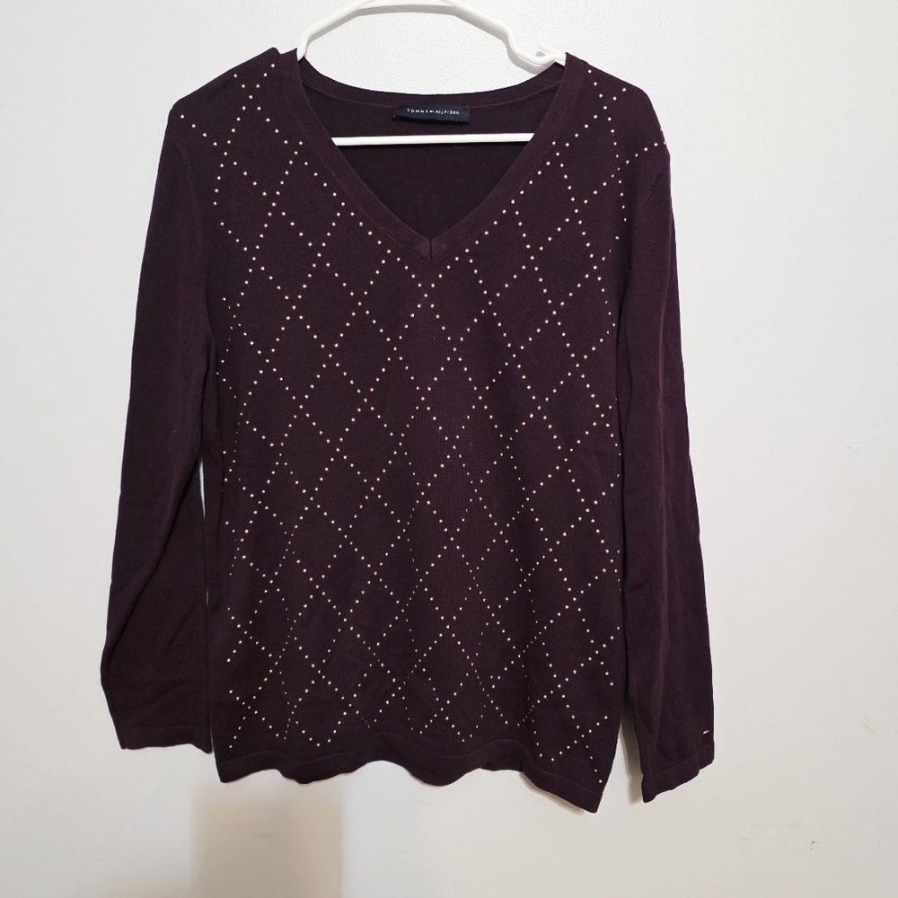 Tommy Hilfiger Maroon Studded Top | Scalloped Hem | Size M